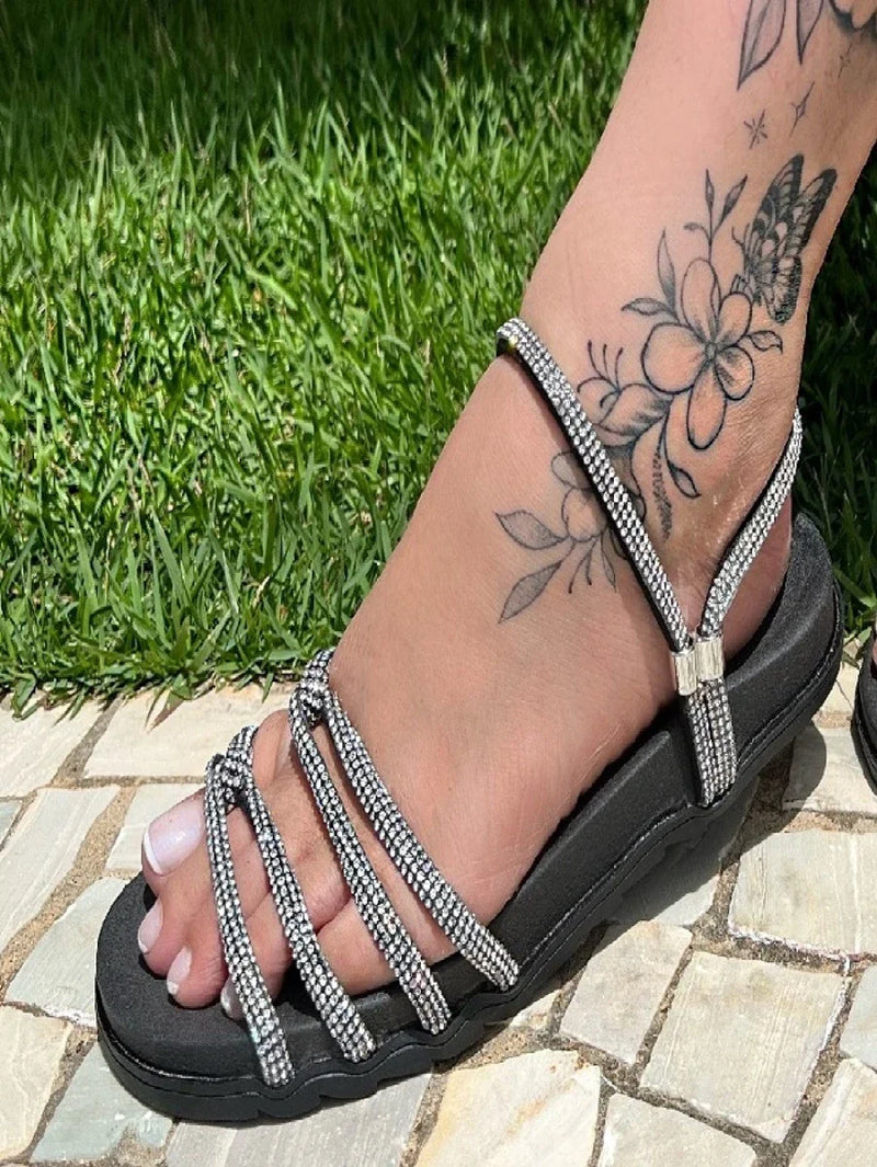 Sandália feminina de pedraria papete flatform das blogueiras tiras strass promoção (LORENA)