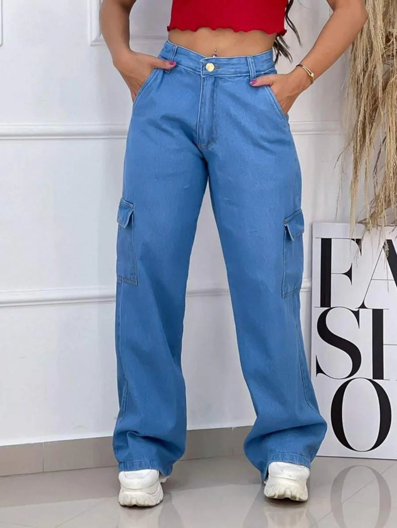 Calça Jeans Feminina Cargo Lavagem Média Tecido Algodão Premium