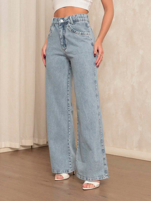 Calça Jeans Feminina Wide Leg Tecido 100% Jeans Cintura Alta Na Promoção