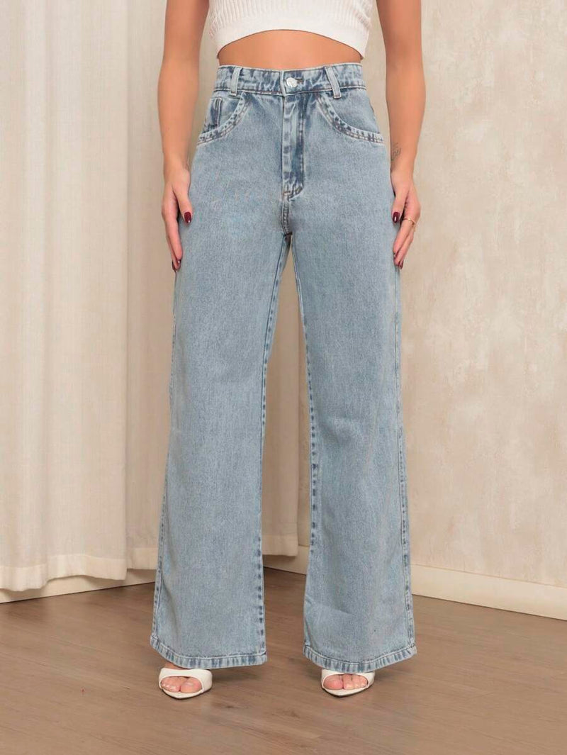 Calça Jeans Feminina Wide Leg Tecido 100% Jeans Cintura Alta Na Promoção