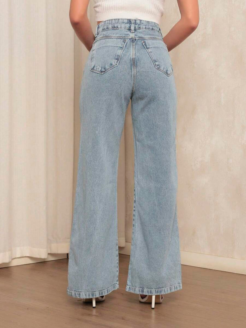 Calça Jeans Feminina Wide Leg Tecido 100% Jeans Cintura Alta Na Promoção