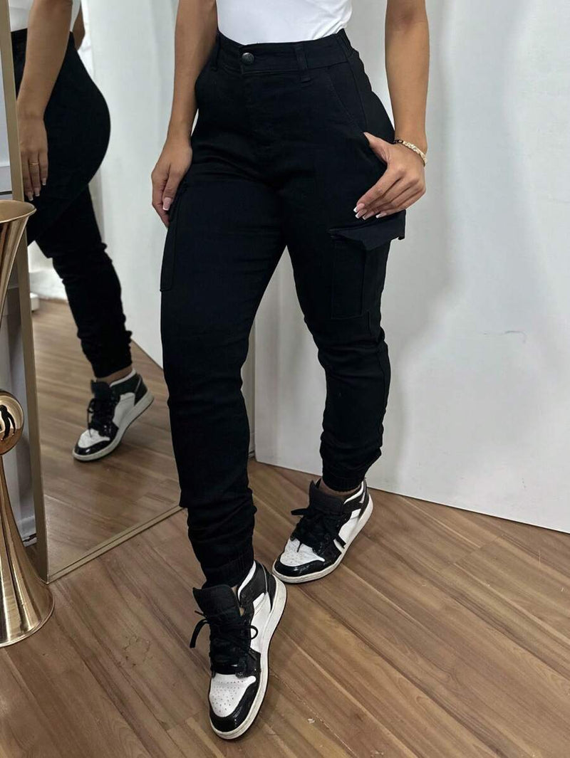 Stillger Moda Jeans Calça Cargo Jeans Feminina Jogger Cintura Alta Com elastano e Bolsos Laterais