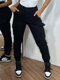 Stillger Moda Jeans Calça Cargo Jeans Feminina Jogger Cintura Alta Com elastano e Bolsos Laterais