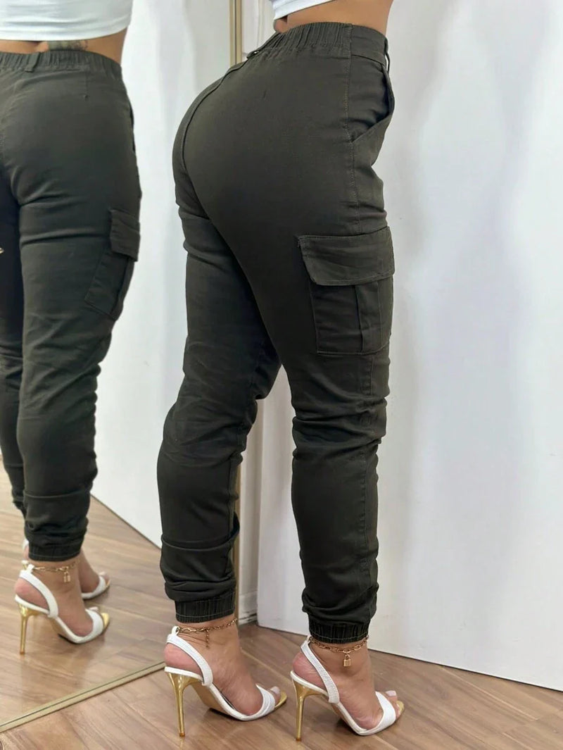 Stillger Moda Jeans Calça Cargo Jeans Feminina Jogger Cintura Alta Com elastano e Bolsos Laterais