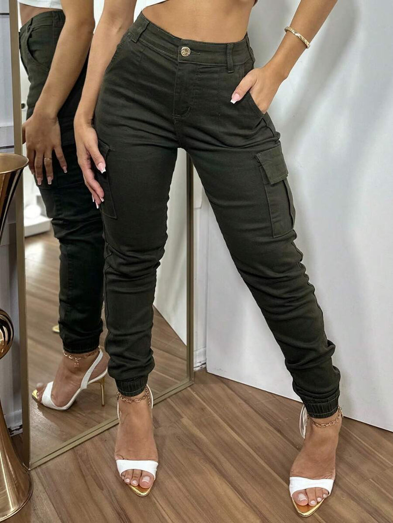 Stillger Moda Jeans Calça Cargo Jeans Feminina Jogger Cintura Alta Com elastano e Bolsos Laterais