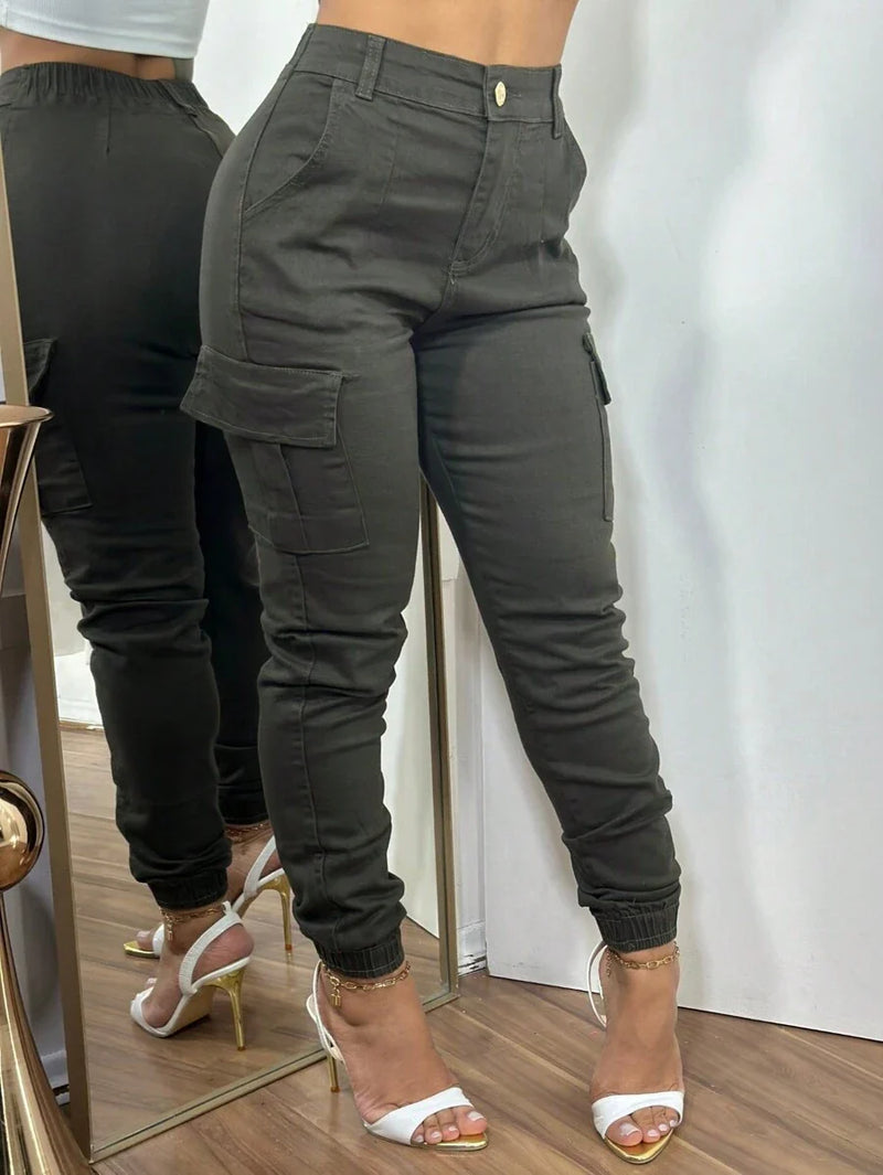 Stillger Moda Jeans Calça Cargo Jeans Feminina Jogger Cintura Alta Com elastano e Bolsos Laterais