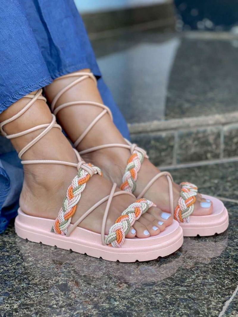 Birken Flat Papate Rasteira Flat Feminina Modelo Luxo Trança Trançadas de Amarrar