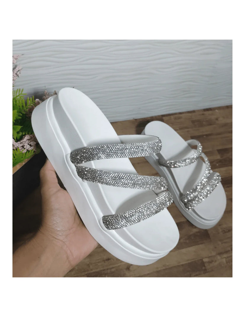 Papete Birken Plataforma Alta Sandália Feminina 3 Tiras Z 15 - Tamanco Anabela Flatform Strass Brilho - Branca Rose Caramelo Preta Pedraira Lançamento