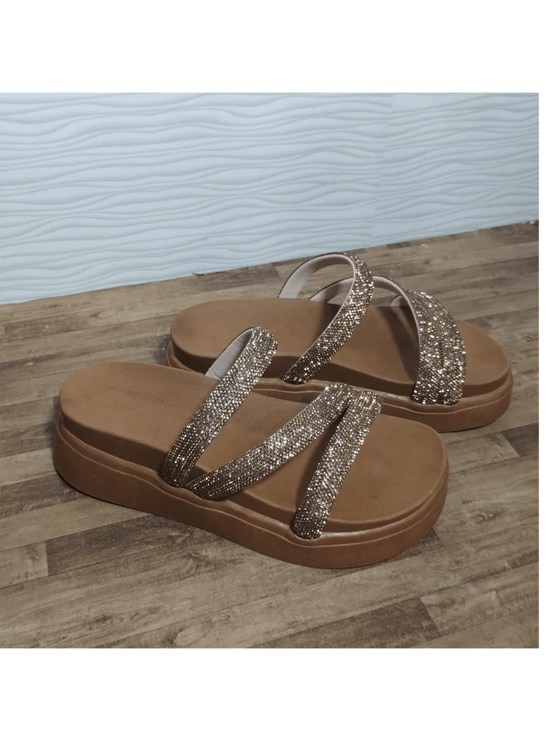 Papete Birken Plataforma Alta Sandália Feminina 3 Tiras Z 15 - Tamanco Anabela Flatform Strass Brilho - Branca Rose Caramelo Preta Pedraira Lançamento