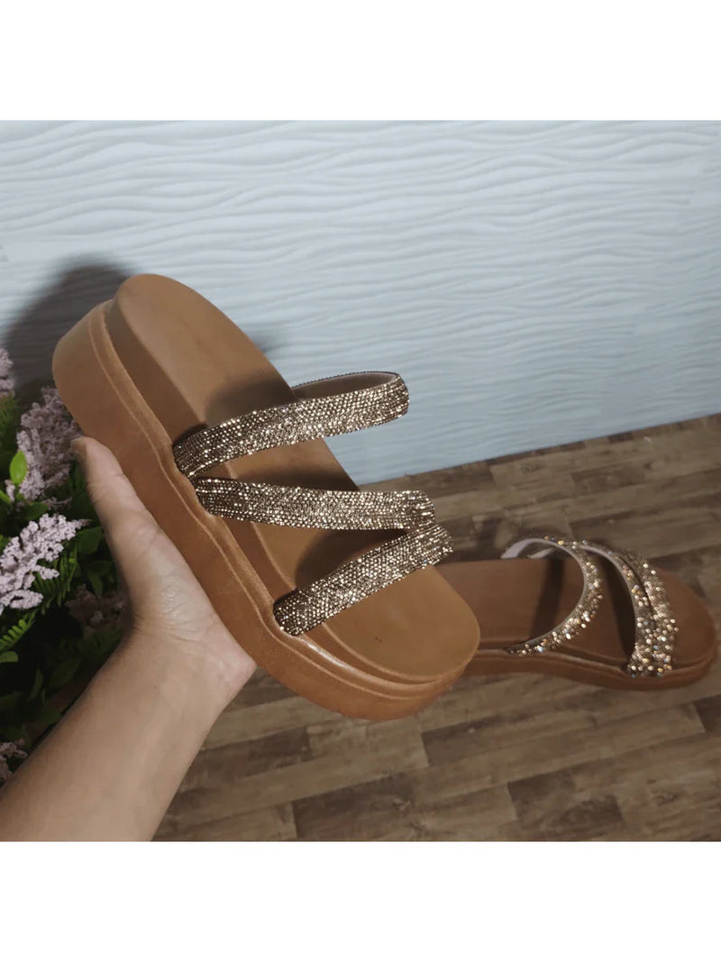 Papete Birken Plataforma Alta Sandália Feminina 3 Tiras Z 15 - Tamanco Anabela Flatform Strass Brilho - Branca Rose Caramelo Preta Pedraira Lançamento