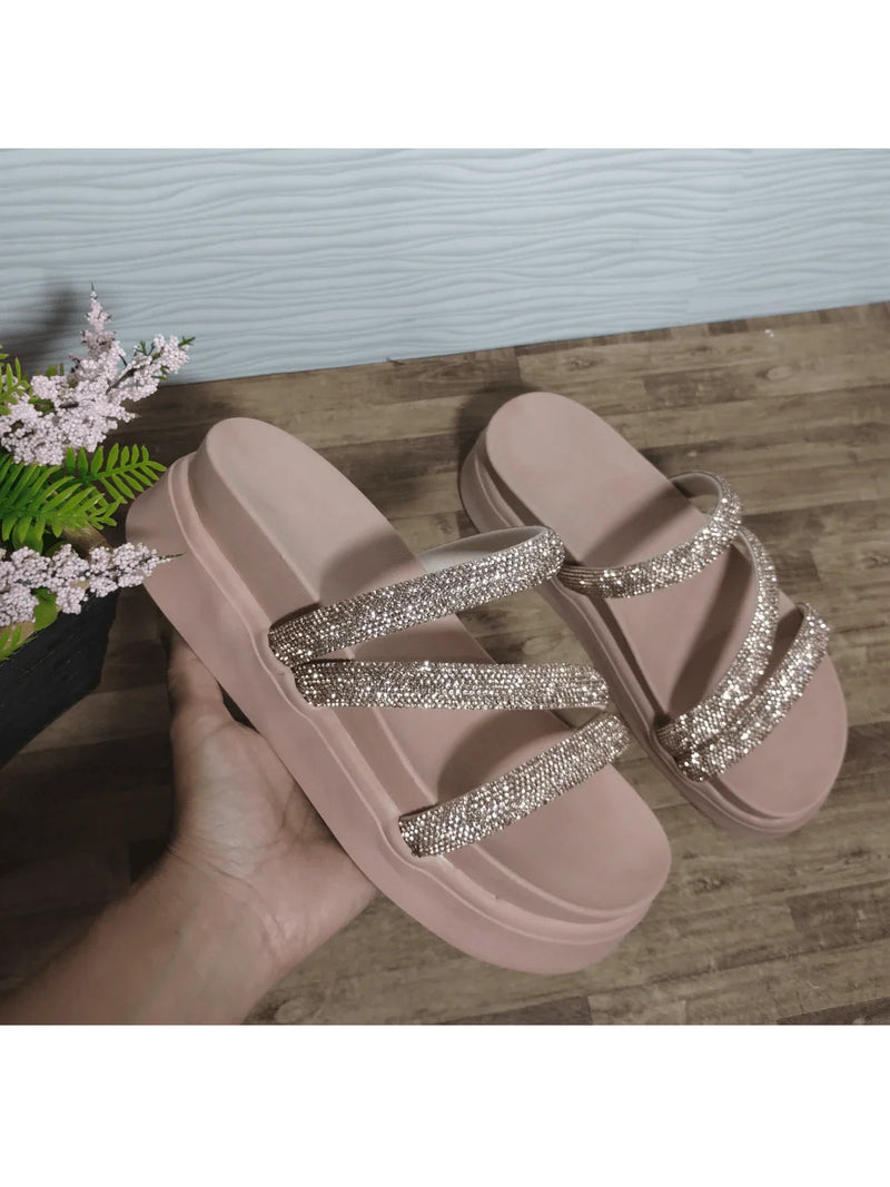 Papete Birken Plataforma Alta Sandália Feminina 3 Tiras Z 15 - Tamanco Anabela Flatform Strass Brilho - Branca Rose Caramelo Preta Pedraira Lançamento