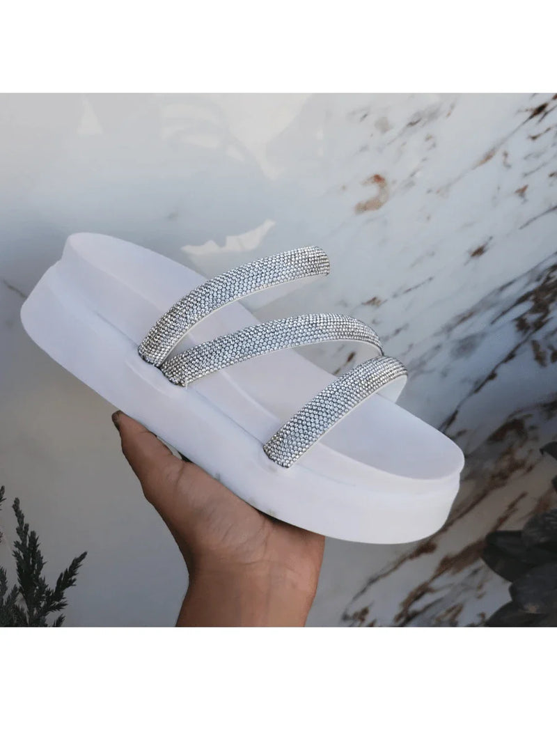 Papete Birken Plataforma Alta Sandália Feminina 3 Tiras Z 15 - Tamanco Anabela Flatform Strass Brilho - Branca Rose Caramelo Preta Pedraira Lançamento