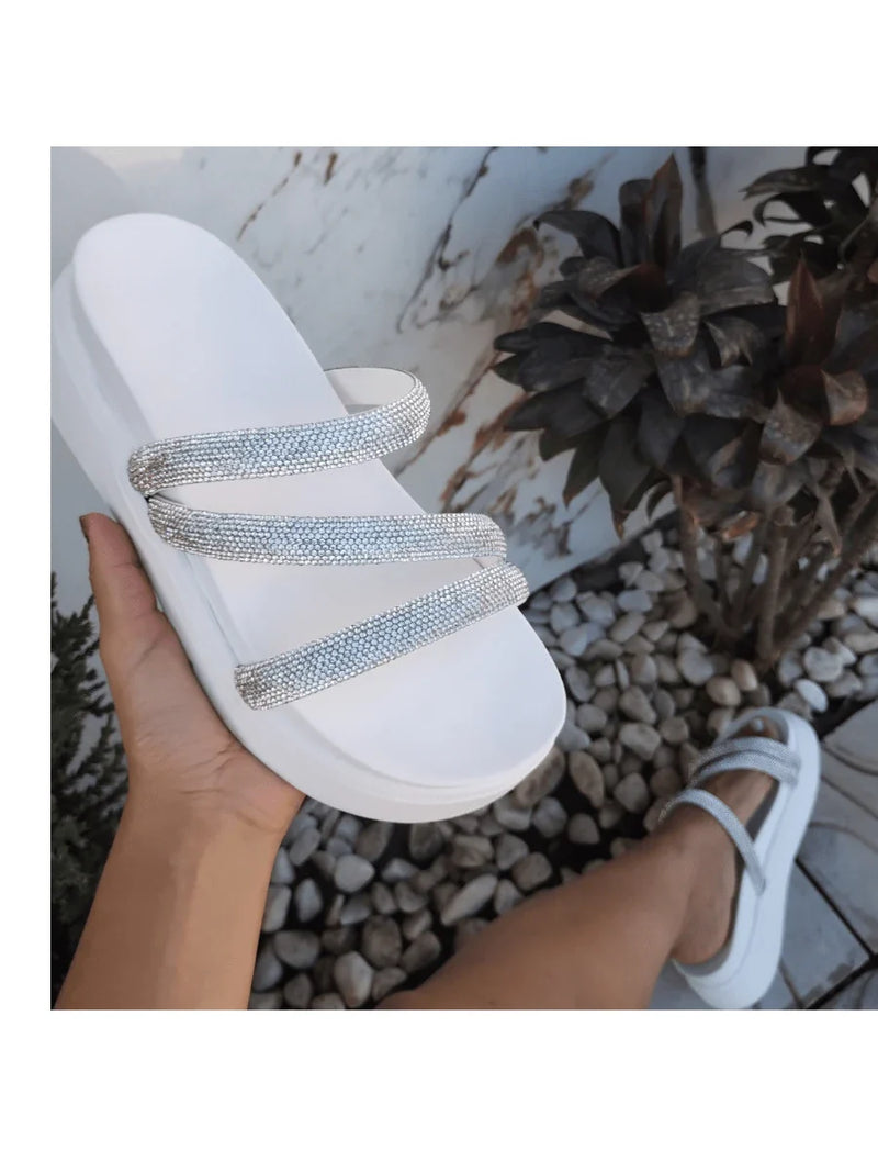 Papete Birken Plataforma Alta Sandália Feminina 3 Tiras Z 15 - Tamanco Anabela Flatform Strass Brilho - Branca Rose Caramelo Preta Pedraira Lançamento