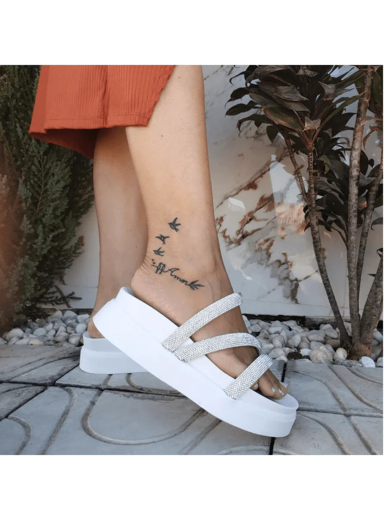Papete Birken Plataforma Alta Sandália Feminina 3 Tiras Z 15 - Tamanco Anabela Flatform Strass Brilho - Branca Rose Caramelo Preta Pedraira Lançamento