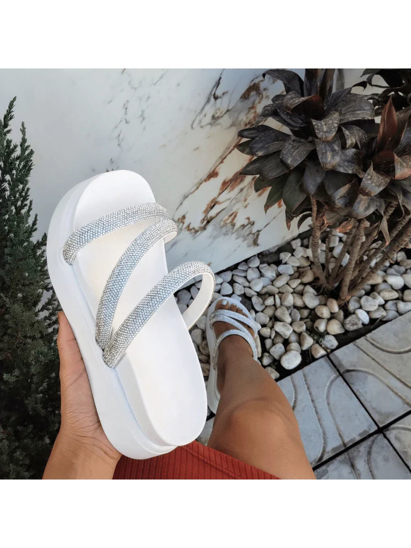 Papete Birken Plataforma Alta Sandália Feminina 3 Tiras Z 15 - Tamanco Anabela Flatform Strass Brilho - Branca Rose Caramelo Preta Pedraira Lançamento