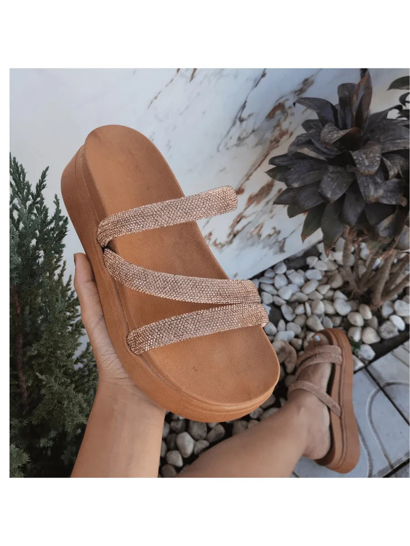 Papete Birken Plataforma Alta Sandália Feminina 3 Tiras Z 15 - Tamanco Anabela Flatform Strass Brilho - Branca Rose Caramelo Preta Pedraira Lançamento