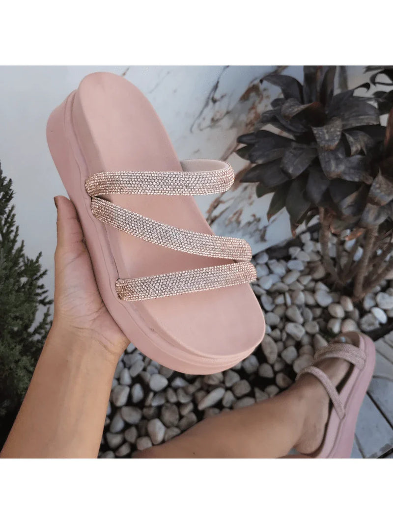 Papete Birken Plataforma Alta Sandália Feminina 3 Tiras Z 15 - Tamanco Anabela Flatform Strass Brilho - Branca Rose Caramelo Preta Pedraira Lançamento