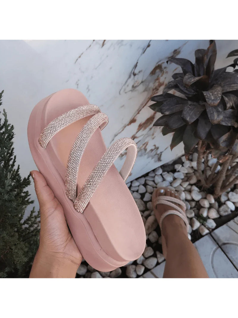 Papete Birken Plataforma Alta Sandália Feminina 3 Tiras Z 15 - Tamanco Anabela Flatform Strass Brilho - Branca Rose Caramelo Preta Pedraira Lançamento