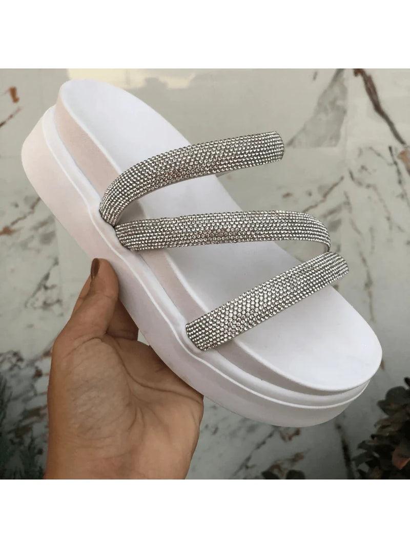 Papete Birken Plataforma Alta Sandália Feminina 3 Tiras Z 15 - Tamanco Anabela Flatform Strass Brilho - Branca Rose Caramelo Preta Pedraira Lançamento
