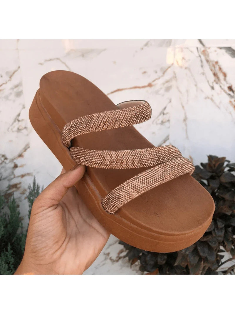 Papete Birken Plataforma Alta Sandália Feminina 3 Tiras Z 15 - Tamanco Anabela Flatform Strass Brilho - Branca Rose Caramelo Preta Pedraira Lançamento