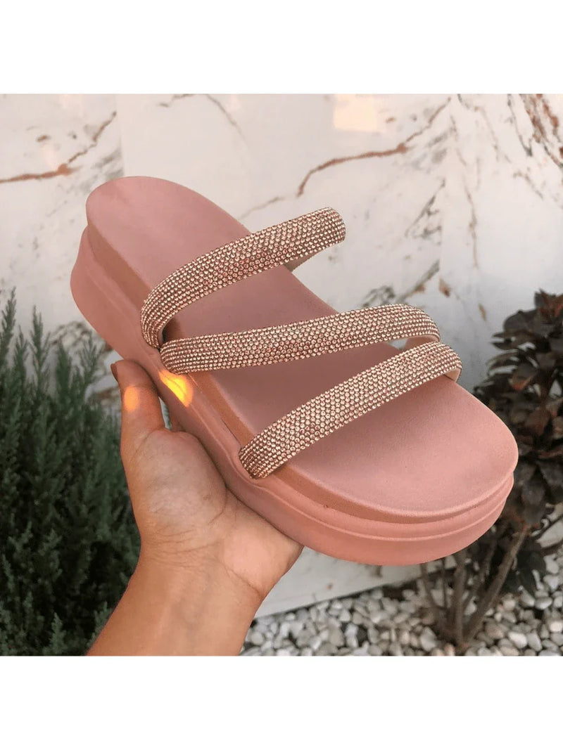 Papete Birken Plataforma Alta Sandália Feminina 3 Tiras Z 15 - Tamanco Anabela Flatform Strass Brilho - Branca Rose Caramelo Preta Pedraira Lançamento