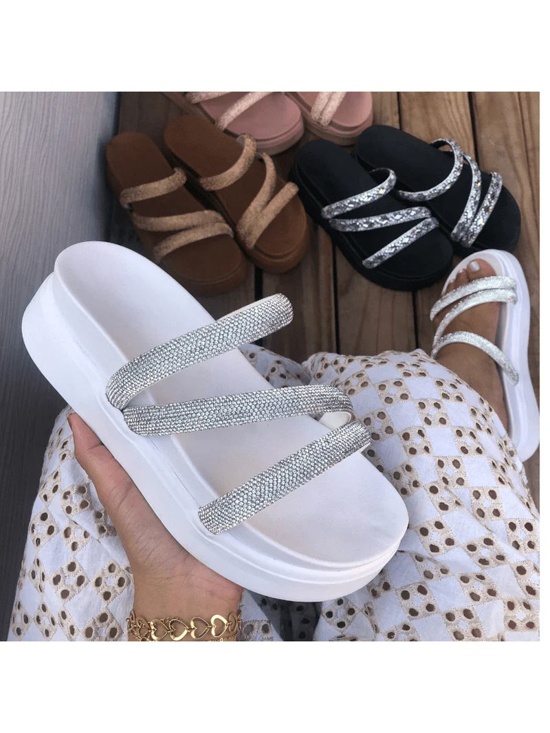Papete Birken Plataforma Alta Sandália Feminina 3 Tiras Z 15 - Tamanco Anabela Flatform Strass Brilho - Branca Rose Caramelo Preta Pedraira Lançamento