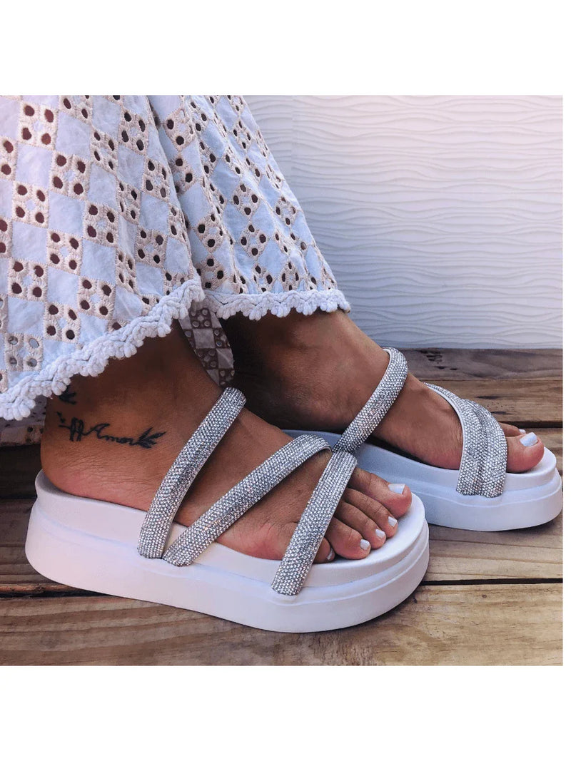 Papete Birken Plataforma Alta Sandália Feminina 3 Tiras Z 15 - Tamanco Anabela Flatform Strass Brilho - Branca Rose Caramelo Preta Pedraira Lançamento