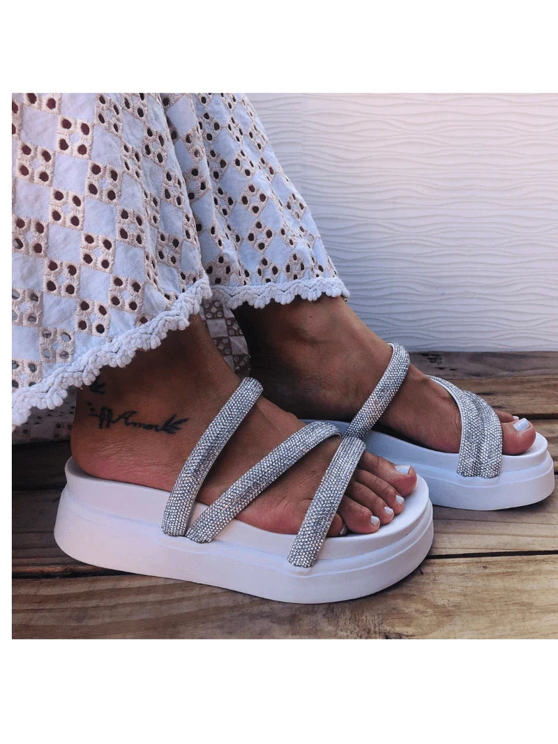 Papete Birken Plataforma Alta Sandália Feminina 3 Tiras Z 15 - Tamanco Anabela Flatform Strass Brilho - Branca Rose Caramelo Preta Pedraira Lançamento