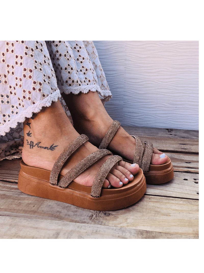 Papete Birken Plataforma Alta Sandália Feminina 3 Tiras Z 15 - Tamanco Anabela Flatform Strass Brilho - Branca Rose Caramelo Preta Pedraira Lançamento