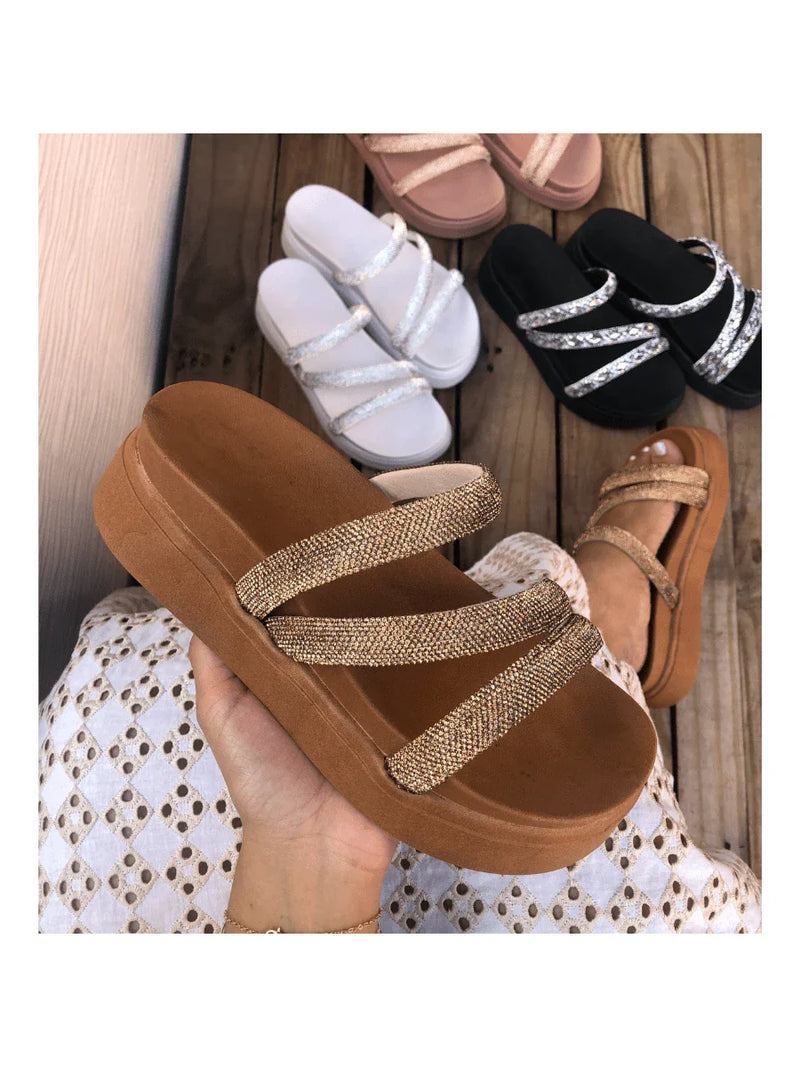 Papete Birken Plataforma Alta Sandália Feminina 3 Tiras Z 15 - Tamanco Anabela Flatform Strass Brilho - Branca Rose Caramelo Preta Pedraira Lançamento