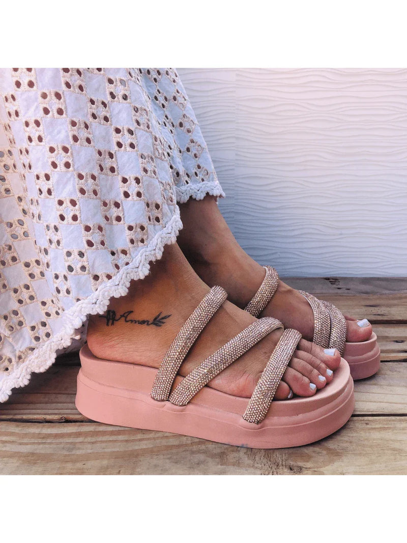 Papete Birken Plataforma Alta Sandália Feminina 3 Tiras Z 15 - Tamanco Anabela Flatform Strass Brilho - Branca Rose Caramelo Preta Pedraira Lançamento
