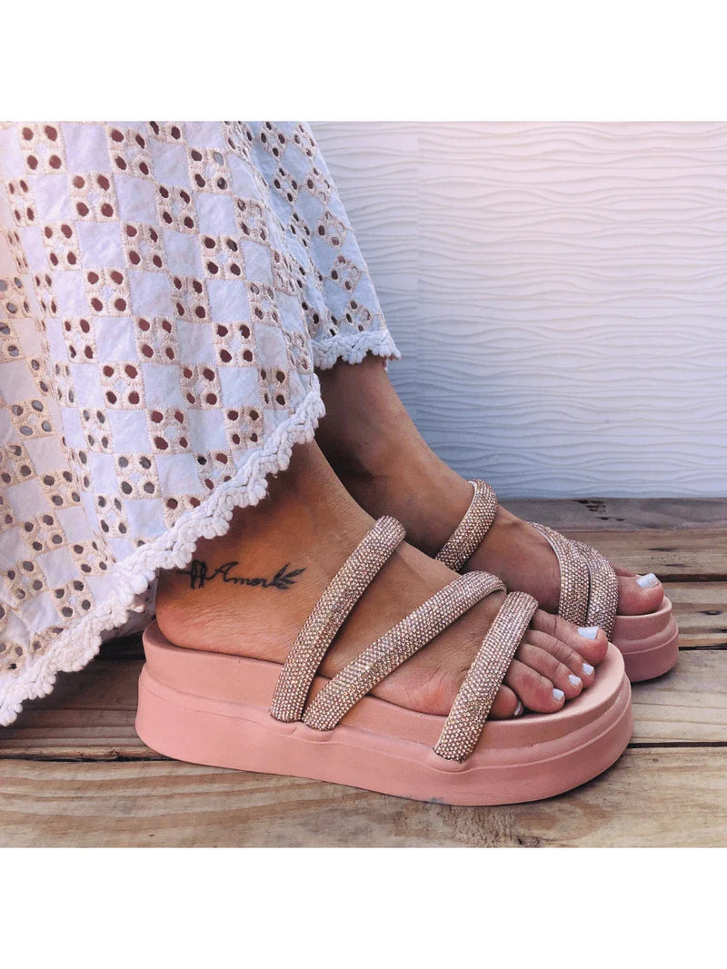 Papete Birken Plataforma Alta Sandália Feminina 3 Tiras Z 15 - Tamanco Anabela Flatform Strass Brilho - Branca Rose Caramelo Preta Pedraira Lançamento