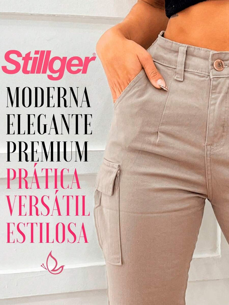 Stillger Moda Jeans Calça Cargo Jeans Feminina Jogger Cintura Alta Com elastano e Bolsos Laterais