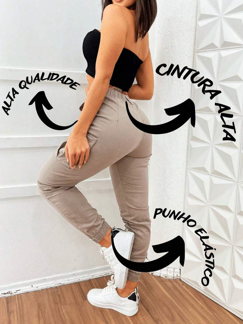 Stillger Moda Jeans Calça Cargo Jeans Feminina Jogger Cintura Alta Com elastano e Bolsos Laterais