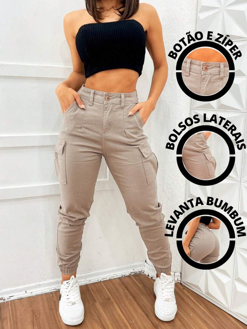 Stillger Moda Jeans Calça Cargo Jeans Feminina Jogger Cintura Alta Com elastano e Bolsos Laterais