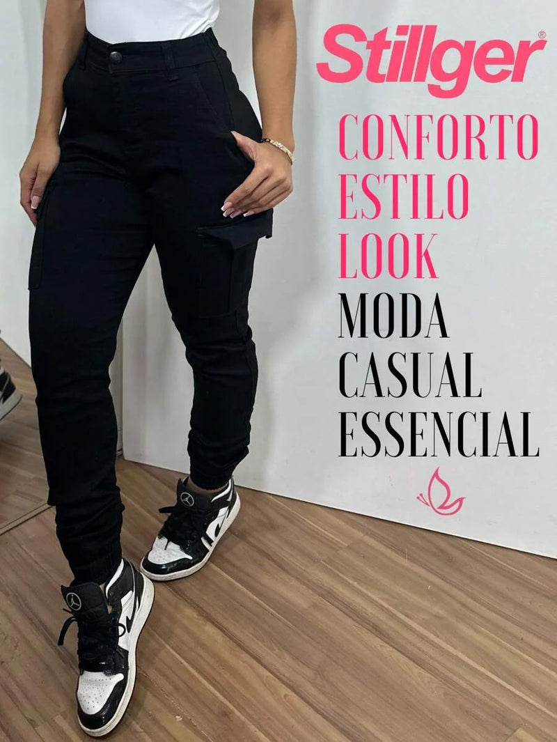 Stillger Moda Jeans Calça Cargo Jeans Feminina Jogger Cintura Alta Com elastano e Bolsos Laterais