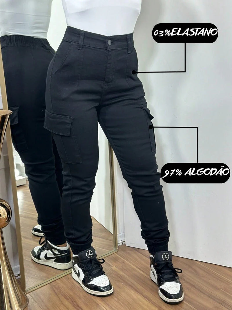 Stillger Moda Jeans Calça Cargo Jeans Feminina Jogger Cintura Alta Com elastano e Bolsos Laterais