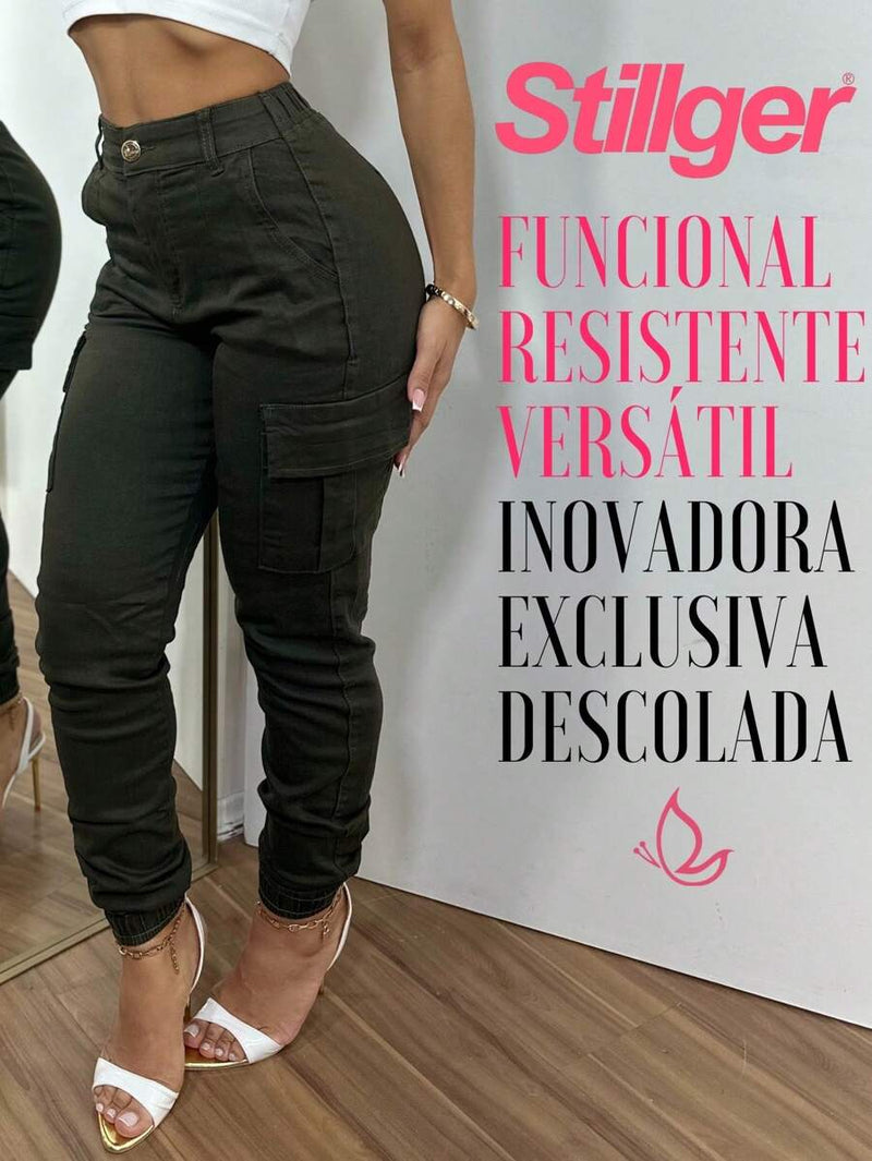 Stillger Moda Jeans Calça Cargo Jeans Feminina Jogger Cintura Alta Com elastano e Bolsos Laterais