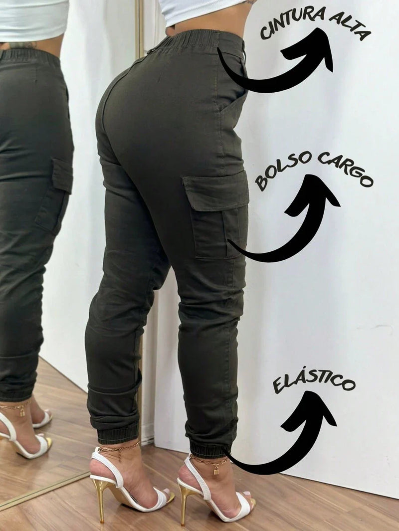 Stillger Moda Jeans Calça Cargo Jeans Feminina Jogger Cintura Alta Com elastano e Bolsos Laterais