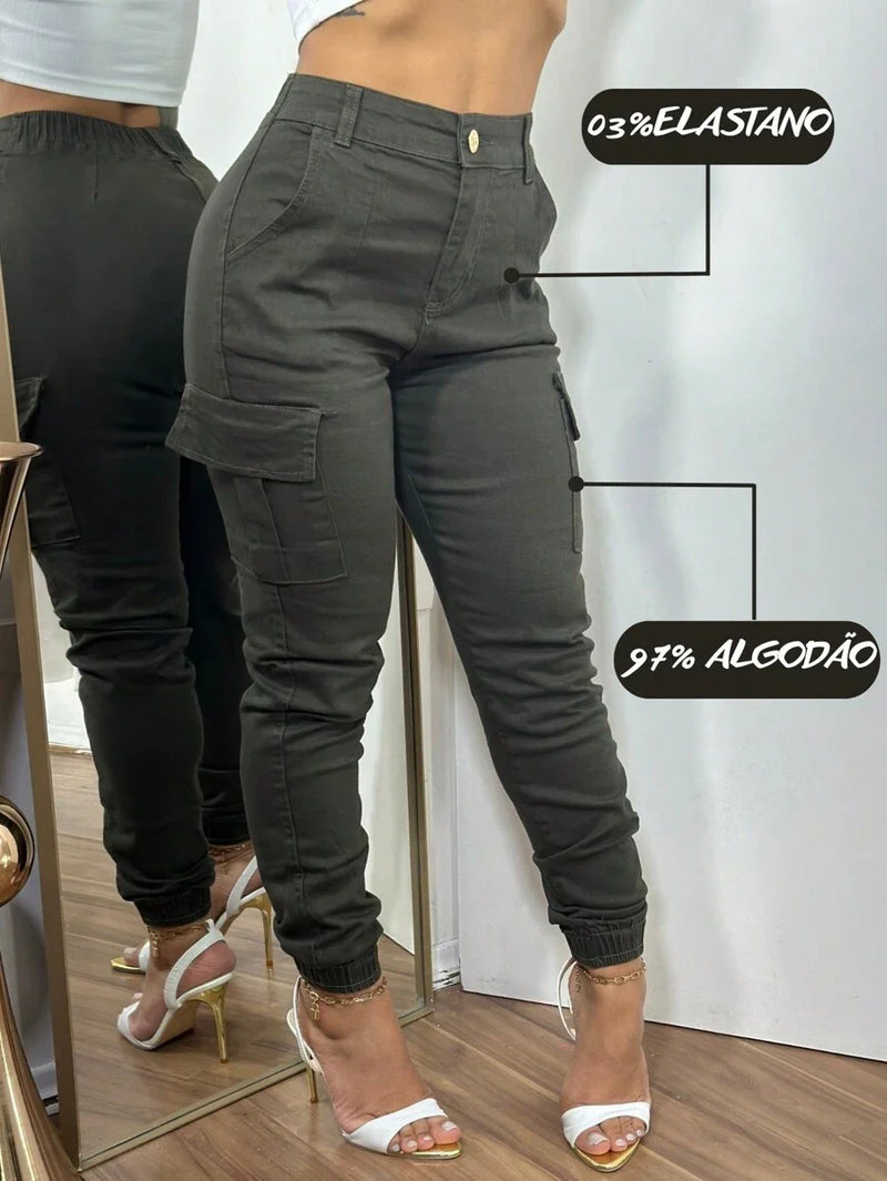 Stillger Moda Jeans Calça Cargo Jeans Feminina Jogger Cintura Alta Com elastano e Bolsos Laterais