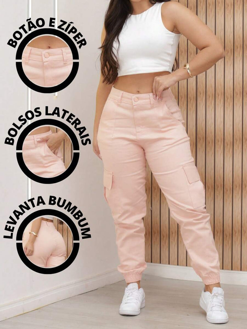 Stillger Moda Jeans Calça Cargo Jeans Feminina Jogger Cintura Alta Com elastano e Bolsos Laterais