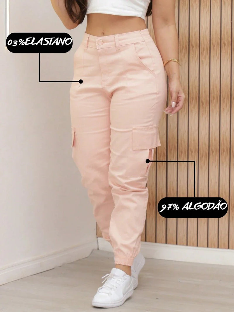 Stillger Moda Jeans Calça Cargo Jeans Feminina Jogger Cintura Alta Com elastano e Bolsos Laterais