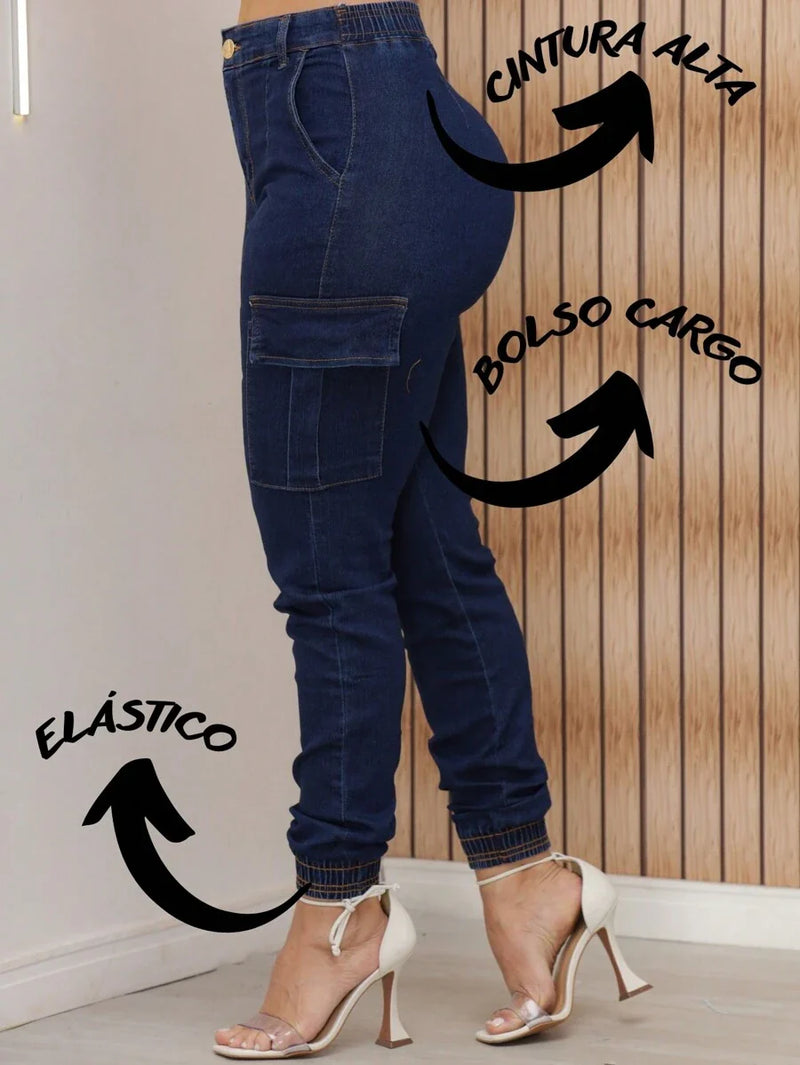 Stillger Moda Jeans Calça Cargo Jeans Feminina Jogger Cintura Alta Com elastano e Bolsos Laterais