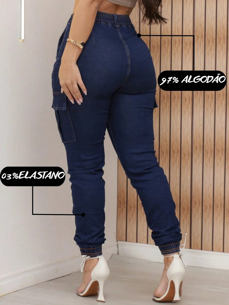 Stillger Moda Jeans Calça Cargo Jeans Feminina Jogger Cintura Alta Com elastano e Bolsos Laterais