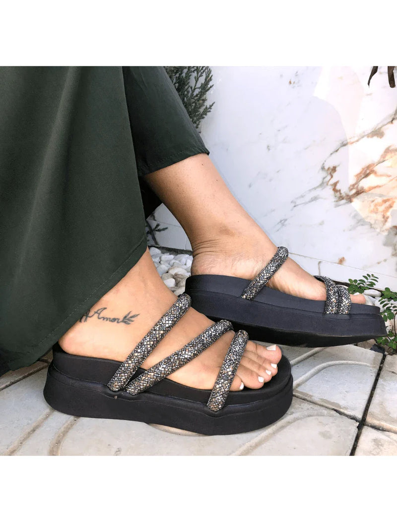 Papete Birken Plataforma Alta Sandália Feminina 3 Tiras Z 15 - Tamanco Anabela Flatform Strass Brilho - Branca Rose Caramelo Preta Pedraira Lançamento