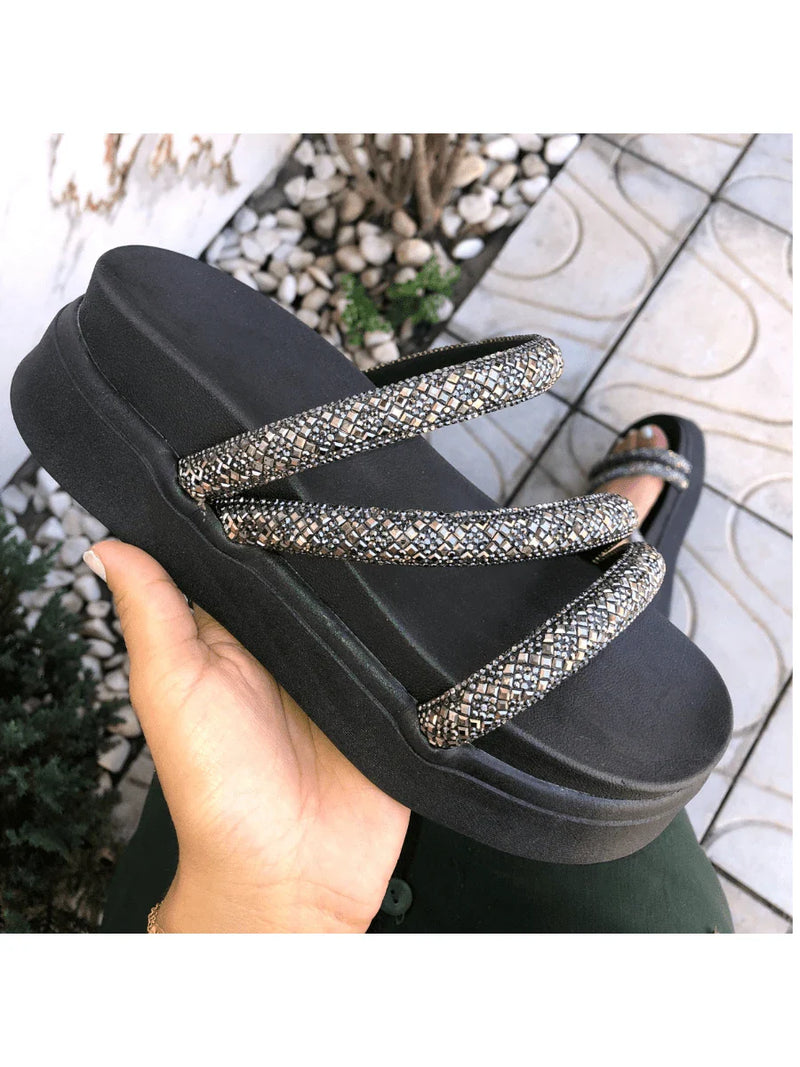 Papete Birken Plataforma Alta Sandália Feminina 3 Tiras Z 15 - Tamanco Anabela Flatform Strass Brilho - Branca Rose Caramelo Preta Pedraira Lançamento