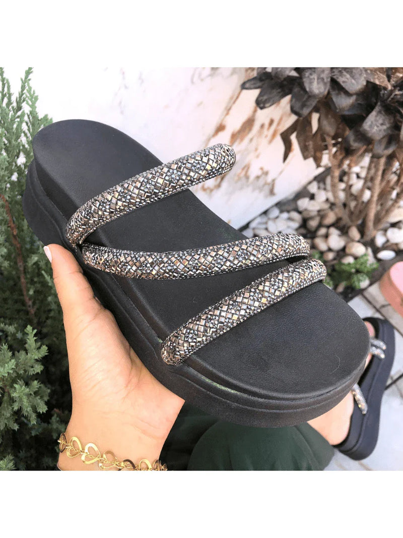 Papete Birken Plataforma Alta Sandália Feminina 3 Tiras Z 15 - Tamanco Anabela Flatform Strass Brilho - Branca Rose Caramelo Preta Pedraira Lançamento