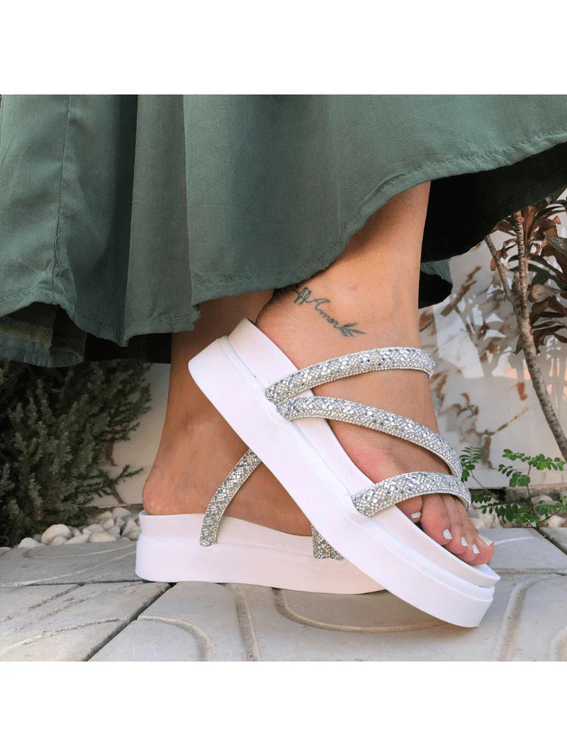 Papete Birken Plataforma Alta Sandália Feminina 3 Tiras Z 15 - Tamanco Anabela Flatform Strass Brilho - Branca Rose Caramelo Preta Pedraira Lançamento