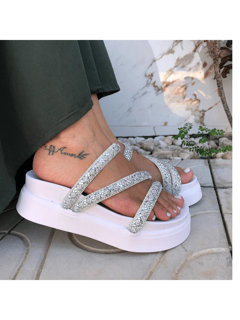 Papete Birken Plataforma Alta Sandália Feminina 3 Tiras Z 15 - Tamanco Anabela Flatform Strass Brilho - Branca Rose Caramelo Preta Pedraira Lançamento