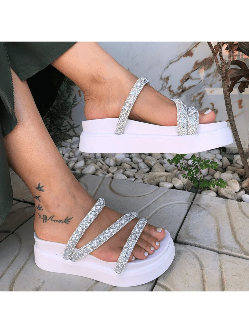 Papete Birken Plataforma Alta Sandália Feminina 3 Tiras Z 15 - Tamanco Anabela Flatform Strass Brilho - Branca Rose Caramelo Preta Pedraira Lançamento